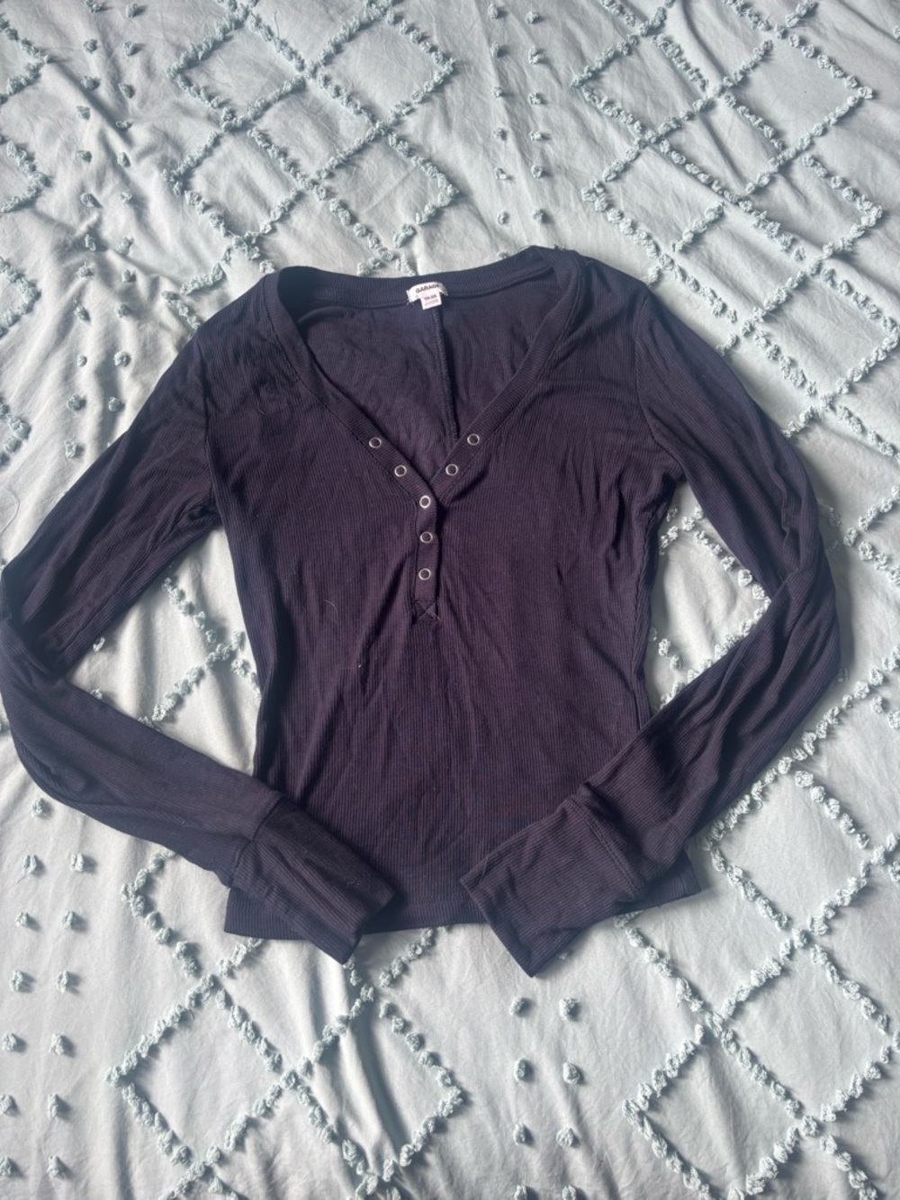 Garage Long Sleeve Ribbed Henley Top - navy blue